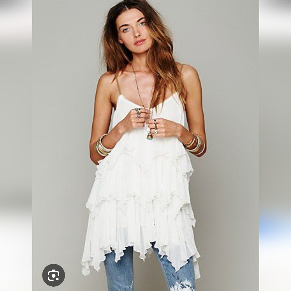 Free People White Tiered Ruffle Camisole Tunic